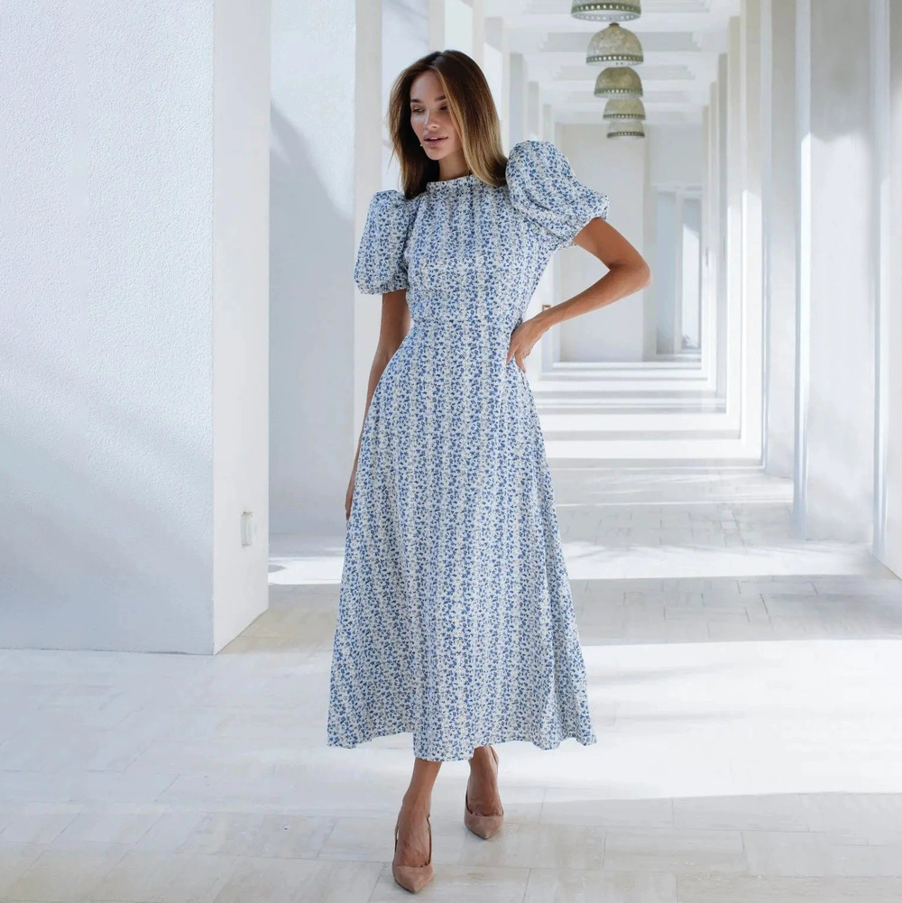 ZARA Elegant Summer Blue Floral Print Puff Sleeve Maxi Dress - Picture 2 of 5